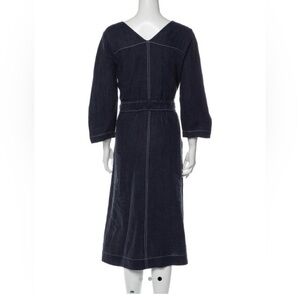 Sea New York Sz 8 Navy Blue w White Contrast Stitching Linen Midi Dress